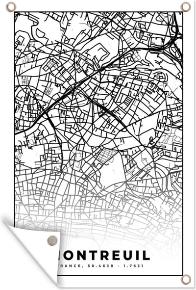 Muurdecoratie Kaart - Plattegrond - Frankrijk - Stadskaart - Montreuil - Zwart wit - 120x180 cm - Tuinposter - Tuindoek