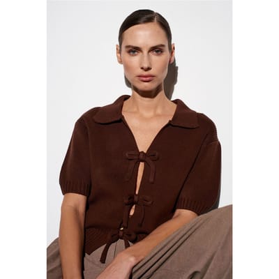 Dames Geribde Acrylaat Polo Cardigan met Sluiering Voorkant