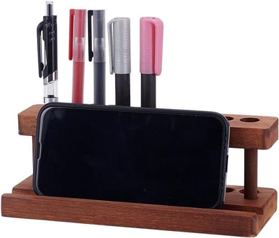 Multifunctionele houten pennenhouder met 9 vakken en telefoonhouder voor kantoor en thuis, kleur Siena Terra, 200 x 80 x 72 mm, bureau-organizer, deskaccessoires, stijlvolle opbergruimte