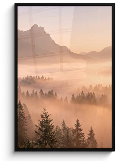 Poster in lijst - Fotolijst 80x120 cm - Posters - Zonlicht - Mist - Bergen - Bomen - Posterlijst zwart - Decoratie - Wanddecoratie woonkamer - Muurdecoratie slaapkamer