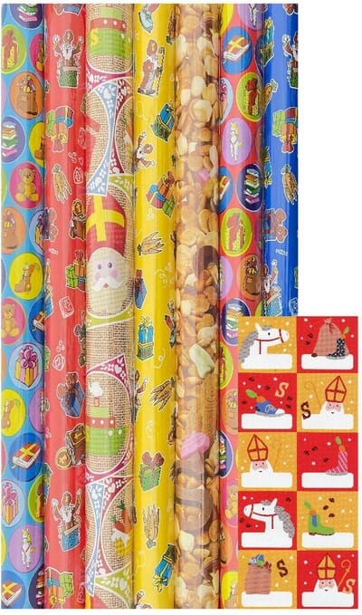 Sinterklaas cadeaupapier - Inpakpapier - 200 x 70 cm - 7 rollen inclucief labels