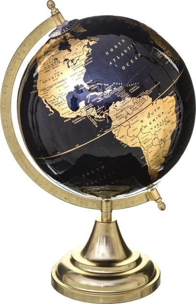 Atmosphera Wereldbol - zwart goud - metalen voet - D20 x H33 cm - Landen/continenten topografie