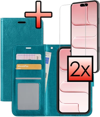 Hoesje - Met 2x Screenprotector - Geschikt voor Apple iPhone Air - Luxe Pasjeshouder - Bookcase Portemonee - Flip Case - Kunstleer Book Case - Flipcase Hoes - Book Cover - Walletcase - Portemonneehoes - Turquoise