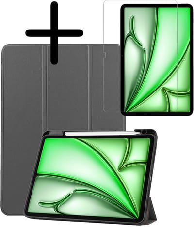 Hoesje Geschikt voor Apple iPad Air M3/M4 (2025/2026) - 11 inch - Met Screenprotector - Trifold Bookcase - Hard Cover Case - Met Uitsparing Geschikt voor Apple Pencil - Hardcover Book - Tablet Hoes - Grijs