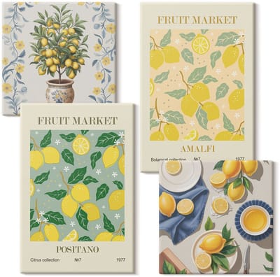 Wallfluent Set van canvas schilderijen - Italiaanse posters met citrusbomen en fruit Canvas Schilderijen Set - Set van 4 Canvas Schilderijen - Geel Set van Canvas Prints - Natuur Canvas Kunst Set - Boheemse Canvas Kunst Set