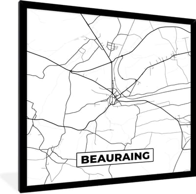 Fotolijst incl. Poster Zwart Wit- België – Beauraing – Stadskaart – Kaart – Zwart Wit – Plattegrond - 40x40 cm - Posterlijst