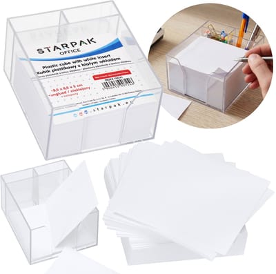 Plastic notitieblok met wit papier, memoblok, memokubus, notitieblokjes, niet gelijmd, papieren notitieblok 8,5x8,5x3,5 cm