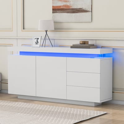 DESMIU Dressoir - Hoogglans Opbergkast Met Ledverlichting En Greeploos Design - Voor Woonkamer Hal En Slaapkamer - Spaanplaat - 140x35x72,5 Cm - Wit