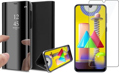 Hoesje geschikt voor Samsung Galaxy M31 - Screen Protector GlassGuard - Book Case Spiegel Zwart & Screenprotector