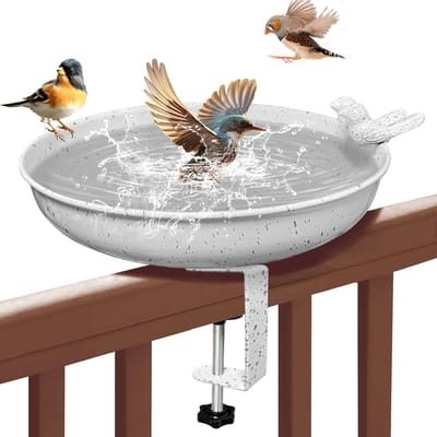 Famanu Vogelbad voor tuin, vogelbaden voor balkon tafelrail, dek vogelvoeders met lade, Wildbird drinkstations, afneembare verstelbare klemhouder, metalen vogelwaterschotel voor het aantrekken van vogels