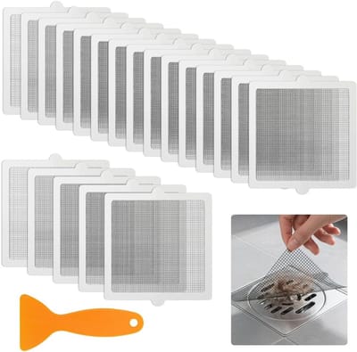 Flexibele Doucheafvoer Mesh-Stickers - 20 Stuks Zelfklevende Spoelzeefstickers voor Badkamer en Keuken, Ideaal voor Afvoerputjes en Gootstenen, 15 × 15cm