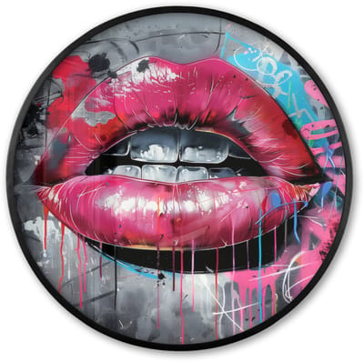 Poster in lijst Rond - Fotolijst 60x60 cm - Posters - Lippen - Felroze - Graffiti - Verfstrepen - Ronde posterlijst zwart - Decoratie - Wanddecoratie woonkamer - Muurdecoratie slaapkamer