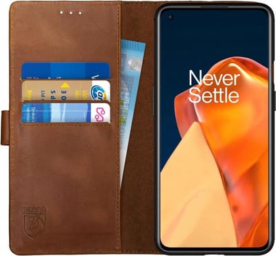 Rosso Deluxe Echt Leer Book Case Hoesje Geschikt voor OnePlus 9 | Ruimte voor drie pasjes | Portemonnee Book Case | Met Pasjeshouder | Bruin