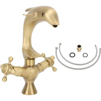 Robinet de lavabo de salle de bain en cuivre antique Dolphin, mitigeur de lavabo à double levier pour toilettes de cuisine beige
