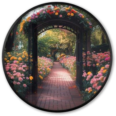 Poster in lijst Rond - Fotolijst 60x60 cm - Posters - Doorkijk - Bloemen - Pad - Natuur - Kleurrijk - Ronde posterlijst zwart - Decoratie - Wanddecoratie woonkamer - Muurdecoratie slaapkamer