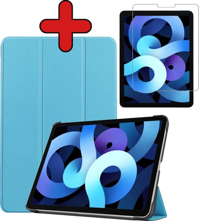Hoesje - Geschikt voor Apple iPad Air 5 (2022) - 10.9 inch - 5e Generatie - M1 - Met Screenprotector - Hardcover Book Case - Trifold Bookcase Hoes - Hard Cover - Tablethoes - Lichtblauw