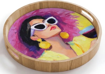 Dienblad rond 40x40 cm - Schootdienblad hout - Vrouw - Hoed - Paars - Wijn - Borrelplank rechthoek - Plateau houten dienbladen