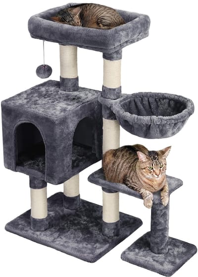 Unyqoos ® Hoogwaardige Klim- en Speelboom voor Katten met Sisal en Pluche Accessoires, 96 cm Hoog, Donkergrijs