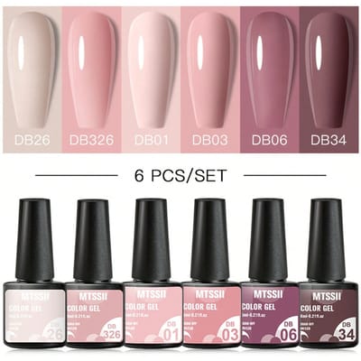 6 stuks/set 7,3 ml koffiebruine gelnagellak, soak-off UV LED uitharding, bordeauxrode semi-permanente nagellak, levendig en langdurig, populaire kleur voor alle seizoenen en de zomer, geschikt voor salon en thuis DIY manicure, nagelkunstbenodigdheden