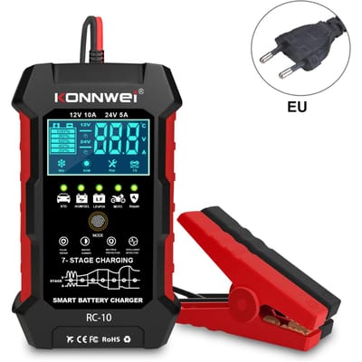 Konnwei RC10 12V 10A & 24V 5A Acculader Accu Puls Reparatie Tool voor Loodzuur Auto's, EU zwart