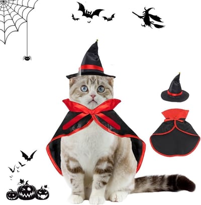 Spooky Vampire Kostuum voor Huisdieren - Halloween Outfit voor Katten en Honden met Cape en Hoed