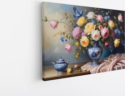 Saammp Canvas Schilderij - Bloemen Boeket in Blauwe Vaas - Natuur - Abstract - 45x30 - Foto op canvas - Wanddecoratie - Muurdecoratie Woonkamer - Kantoor Decoratie