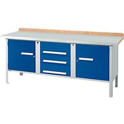 Schäfer Shop Select Kastenwerkbank PWi 200-4, ESD, beuken multiplexplaat, met stalen deksel, tot 750 kg, B 2000 x D 700 x H 840 mm, gentiaanblauw/blank aluminiumkleur