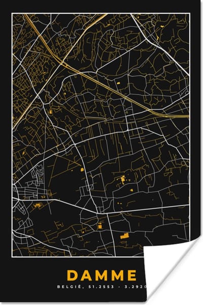 Poster Plattegrond - Kaart - Damme - Goud - Stadskaart - 120x180 cm XXL