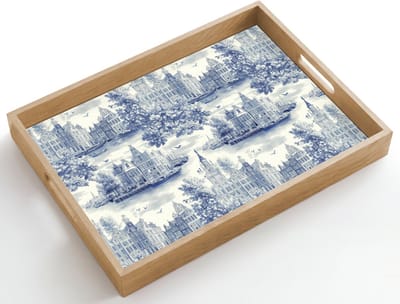 Dienblad hout 50x35 cm - Schootdienblad - Huizen - Bomen - Water - Vogels - Blauw - Borrelplank rechthoek - Plateau dienbladen