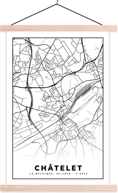 Posterhanger incl. Poster 40x60 cm - Schoolplaat - Zwart Wit – België – Plattegrond – Stadskaart – Kaart – Châtelet - Textielposter - Blanke latten - Stadskaart