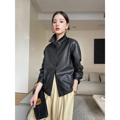 Printemps et Automne Nouveau Cuir Véritable Tannage Végétal Peau de Mouton Chemise à Col Court Décontractée Simple Veste en Cuir Veste XL noir