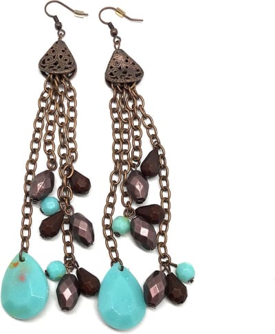 Behave - Lange oorhangers boho stijl bruin blauw met kettingen 14 cm