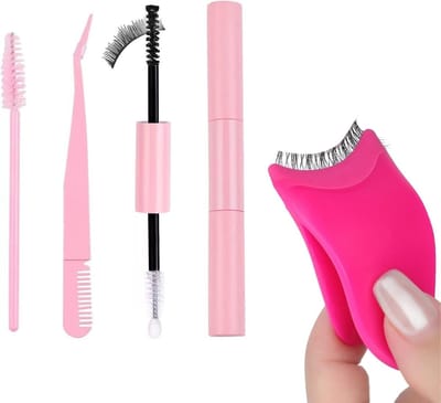 Set van 4 essentiële tools voor valse wimpers: pincet, mascaraborstel en wimperlijm voor salon en thuisgebruik
