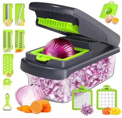 SEVENMOON® Multifunctionele 14-in-1 Groentesnijder –Chopper - Multifunctionele Snijder voor Groenten en Fruit – Uienhakselaar, Komkommerschaaf, Julienne, Blokjes, Rasp – Ideaal voor Aardappelen, Tomaten, Wortelen- Grijs