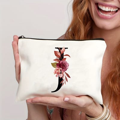 Gepersonaliseerde make-up tasjes van A tot Z - Verjaardagscadeaus - Unieke cadeaus voor bruiden en bruidsmeisjes, met bloemenmotieven, geschikt als bedankjes en voor het organiseren van cosmetica,letter J