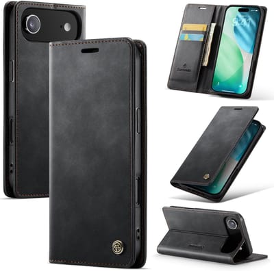 Casemania Hoesje Geschikt voor Apple iPhone 17 Air - Charcoal Gray - Luxe Kunstleer Dunne Telefoonhoesje met Pasjeshouder en Standaardfunctie - Slim Wallet Case - Zwart