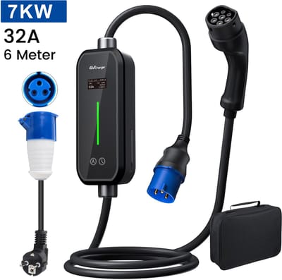 JUNSUN Draagbare 3.68/7kW 16/32A 1-Fase EV Laadkabel - Type 2 Laadpaal , 6M Kabel + LCD Scherm & Opbergtas - 6A/8A/10A/13A/16A/20A/24A/32A Schakelbaar - IEC62196-2 & IP65
