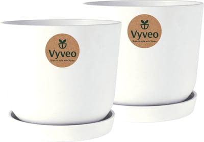 Vyveo - Bloempot Soren met onderzetter - Set van 2 - 13x12 - Wit - Bloempot voor binnen en buiten - Lichtgewicht - Breukbestendig - Vorstbestendig - UV-bestendig