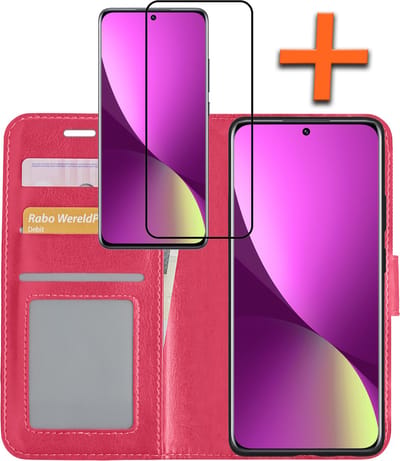 Hoes - Met Screenprotector - Geschikt voor Xiaomi 12X - Luxe Pasjeshouder - Bookcase Portemonee - Flip Case - Kunstleer Book Case - Flipcase - Book Cover - Walletcase - PortemonneeHoes - Donkerroze