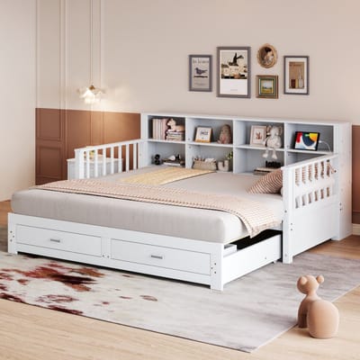 Uitschuifbare slaapbank 90/180x190 cm - zijarmleuning met opbergkast en stopcontact - met 2 lades - wit - zonder matras