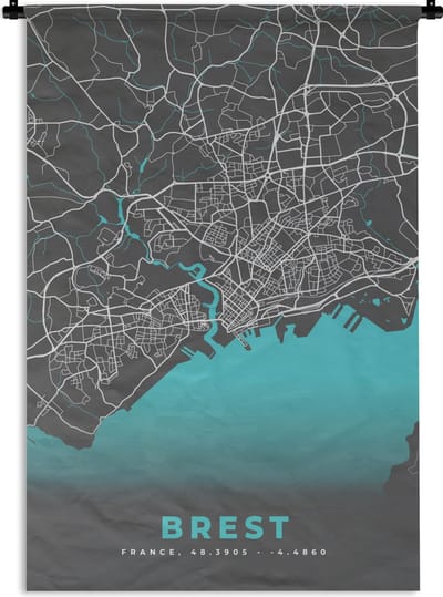 Wandkleed - Wanddoek - Kaart - Stadskaart - Brest - Frankrijk - Plattegrond - 120x180 cm - Wandtapijt