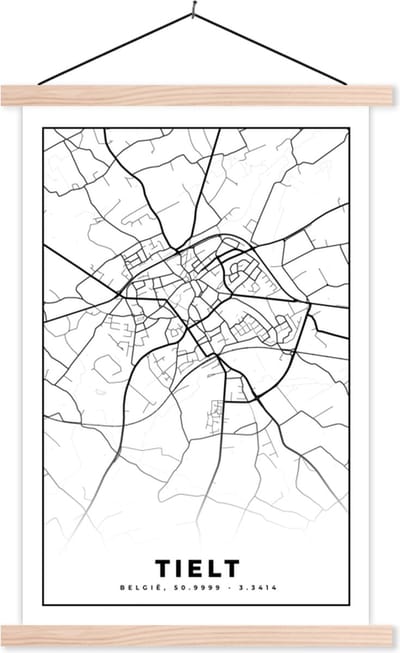 Posterhanger incl. Poster 40x60 cm - Schoolplaat - Kaart – Plattegrond – Stadskaart – Tielt – België – Zwart Wit - Textielposter - Blanke latten - Stadskaart