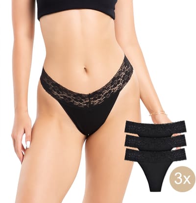 Luxe Calzera Strings - 3 Pack - Lace Thong - Dames Kanten String - Comfort stretch - Lingerie/Ondergoed - Katoen - Zwart - Maat S