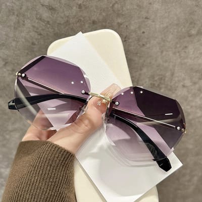 Oversized, frameloze zonnebril Geschikt voor dames met diamantgeslepen glazen, klassieke stijl (goudgrijs).