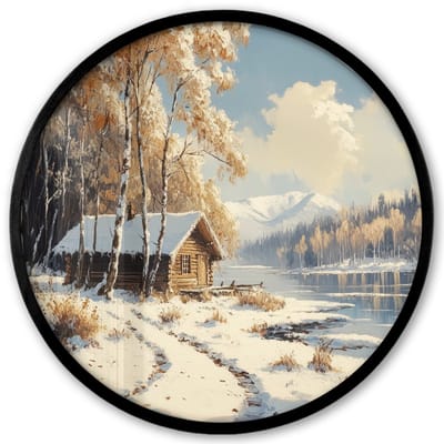 Poster in lijst Rond - Fotolijst 40x40 cm - Posters - Winter - Sneeuw - Huis - Natuur - Ronde posterlijst zwart - Decoratie - Wanddecoratie woonkamer - Muurdecoratie slaapkamer