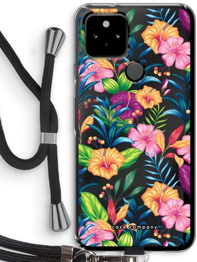 Case Company® - Hoesje met koord geschikt voor Google Pixel 5 hoesje met Koord - Tropisch 2 - Telefoonhoesje met Zwart Koord - Bescherming aan alle Kanten en Over de Schermrand