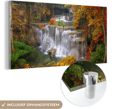 MuchoWow® Glasschilderij 40x20 cm - Schilderij acrylglas - Bomen - Waterval - Herfst - Foto op glas - Schilderijen
