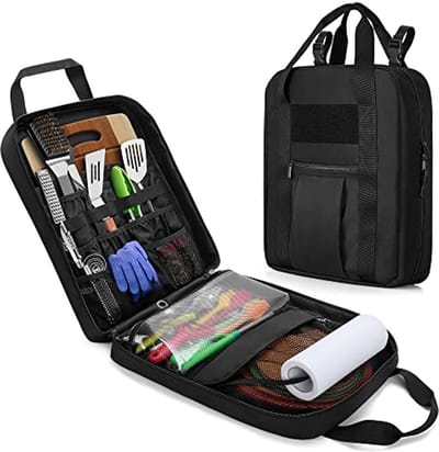 Hanging Camp Utensil Organizer - Portable Kitchen Cookware Bag with Towel Paper Holder - Ideal for Outdoor Cooking and Travel