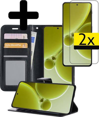 Hoesje - Met 2x Screenprotector - Geschikt voor OnePlus Nord 3 - Luxe Pasjeshouder - Bookcase Portemonee - Flip Case - Kunstleer Book Case - Flipcase Hoes - Book Cover - Walletcase - Portemonneehoes - Telefoonhoesjes - Zwart
