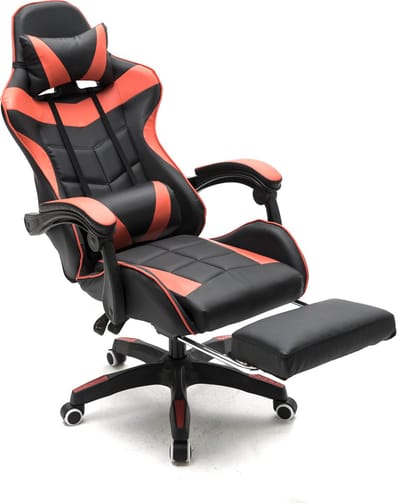 VDD Gaming - Gamestoel - Gamestoel met Voetsteun - Gamestoel Rood - Gaming Stoel - Bureaustoel gaming - Ergonomische Bureaustoel - Met Nekkussen & Verstelbaar Rugkussen - Met Voetsteun - Ergonomische Game Stoel - Draaistoel - Rood & Zwart